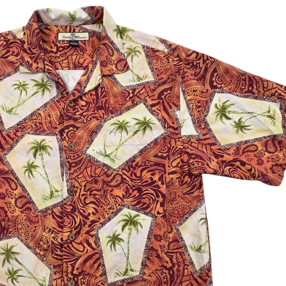 Tommy Bahama Silk Hawaiian Shirt S/S Orange Paisley Palm Tree Mens‎ Small